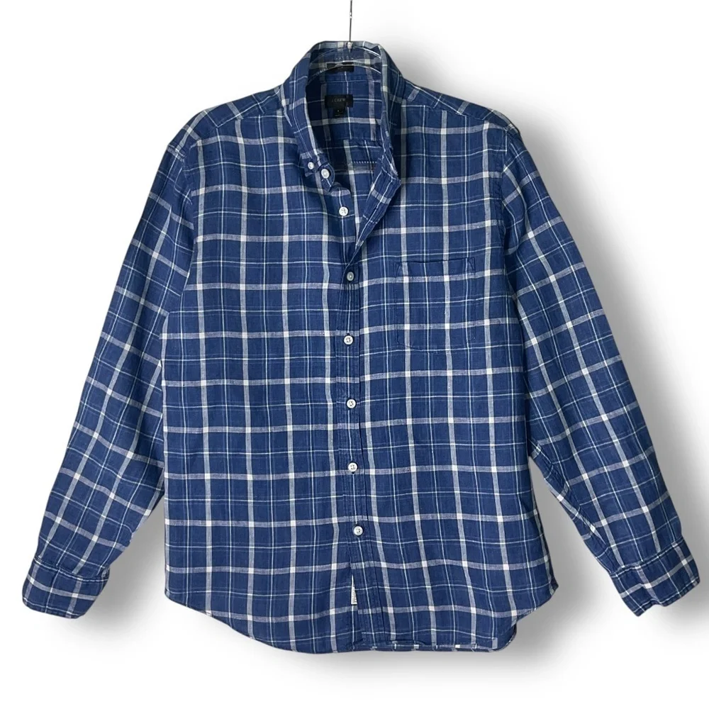 J Crew Mens Shirt Sz L Linen Button Up Plaid Blue Coastal Western Lightweight
